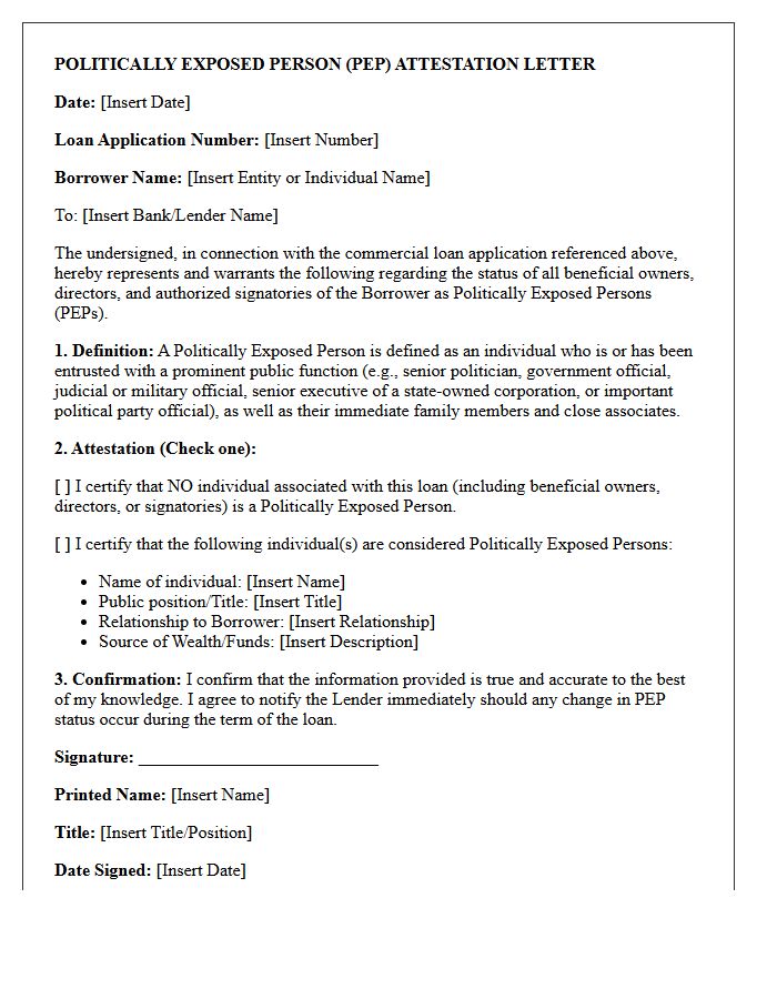 Commercial Loan Politically Exposed Person Attestation Letter