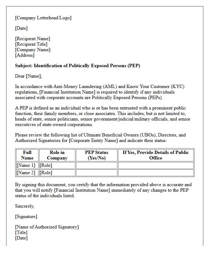 Corporate Account Politically Exposed Person Identification Letter