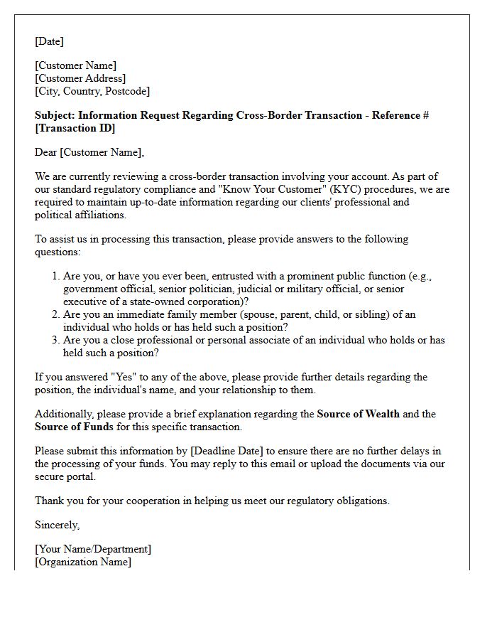 Cross-Border Transaction Politically Exposed Person Inquiry Letter