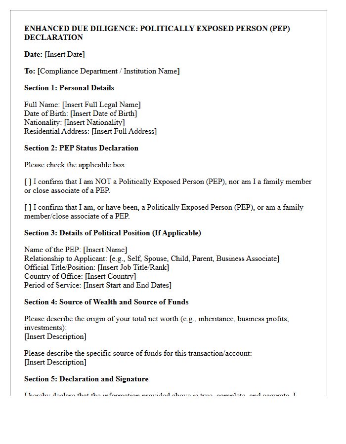 Enhanced Due Diligence Politically Exposed Person Declaration Letter
