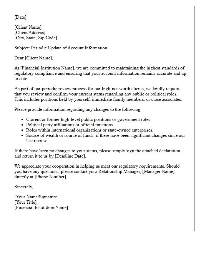 High Net Worth Client Politically Exposed Person Update Letter