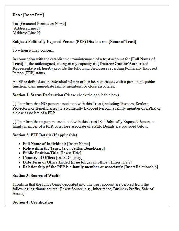 Trust Account Politically Exposed Person Disclosure Letter