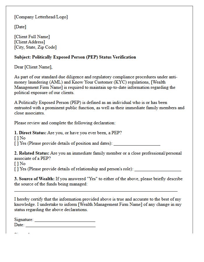 Wealth Management Politically Exposed Person Verification Letter