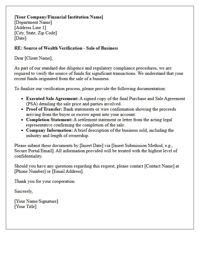 Business Sale Proceeds Source of Wealth Verification Request Letter