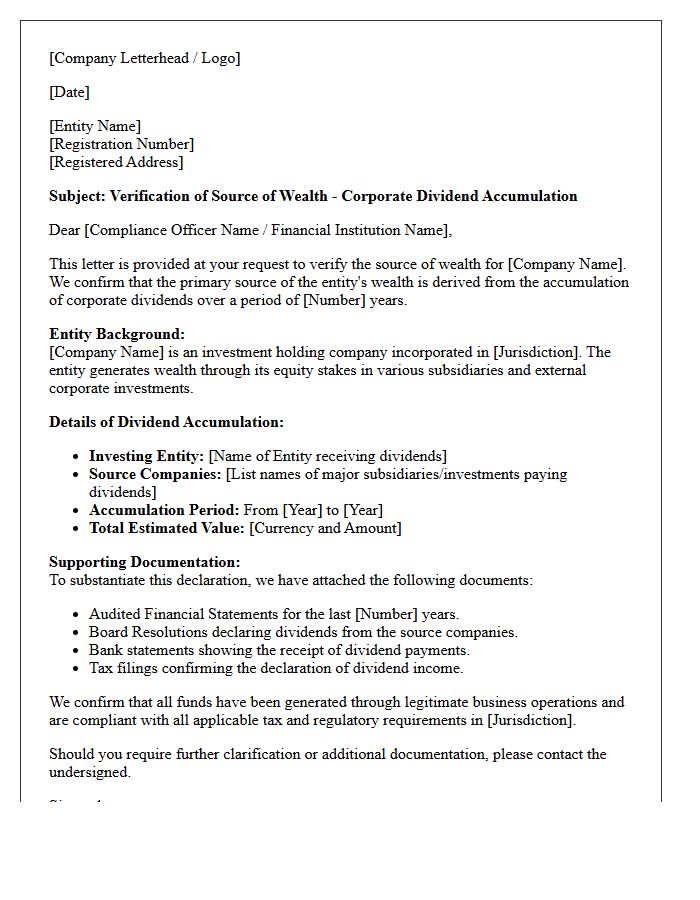 Corporate Dividend Accumulation Source of Wealth Verification Request Letter