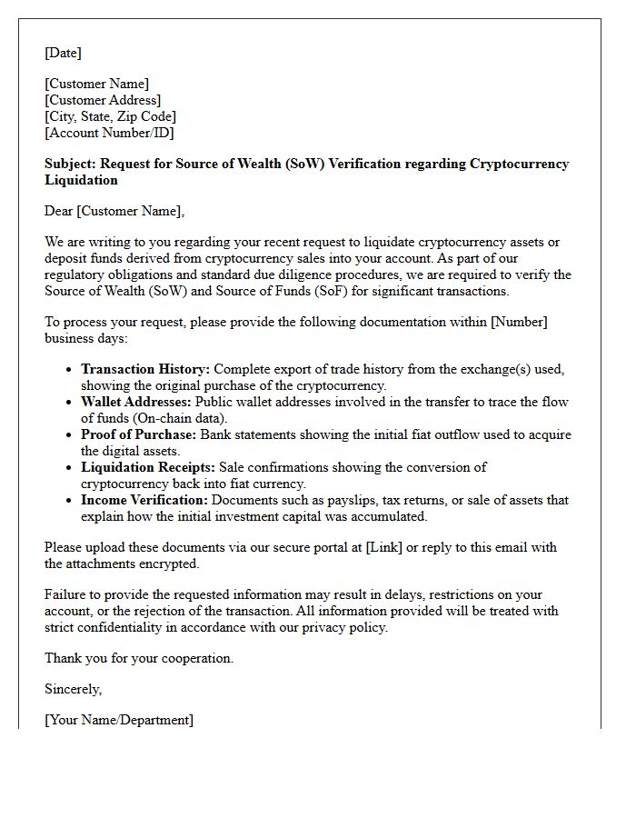 Cryptocurrency Liquidation Source of Wealth Verification Request Letter
