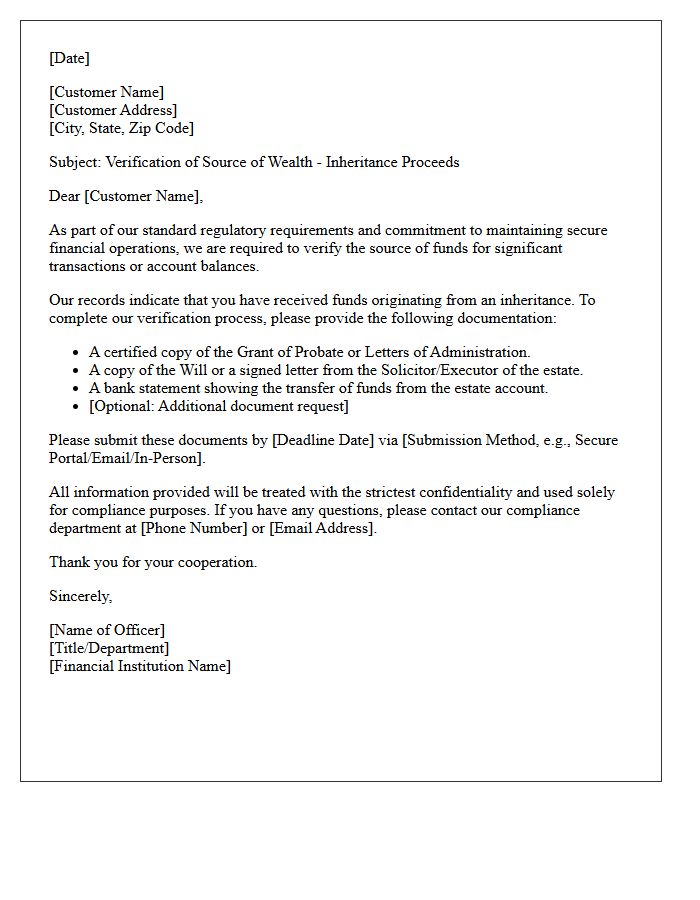 Inheritance Proceeds Source of Wealth Verification Request Letter
