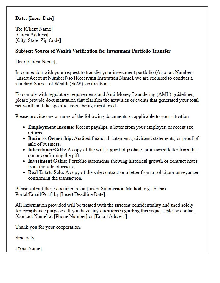 Investment Portfolio Transfer Source of Wealth Verification Request Letter