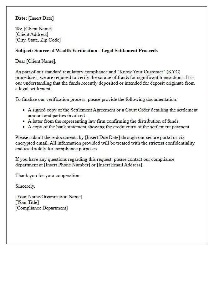 Legal Settlement Proceeds Source of Wealth Verification Request Letter