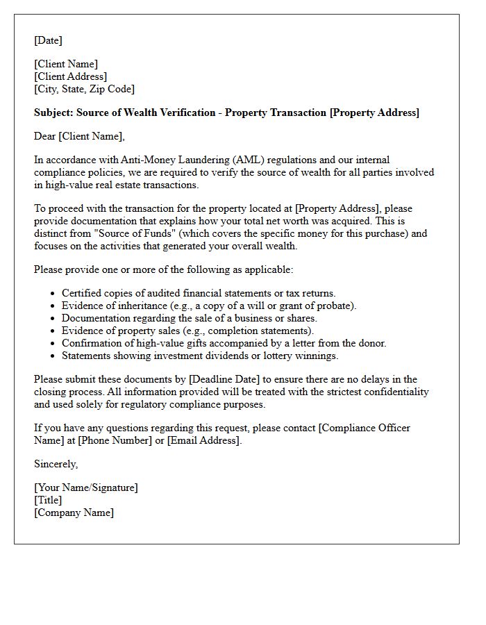 Real Estate Transaction Source of Wealth Verification Request Letter