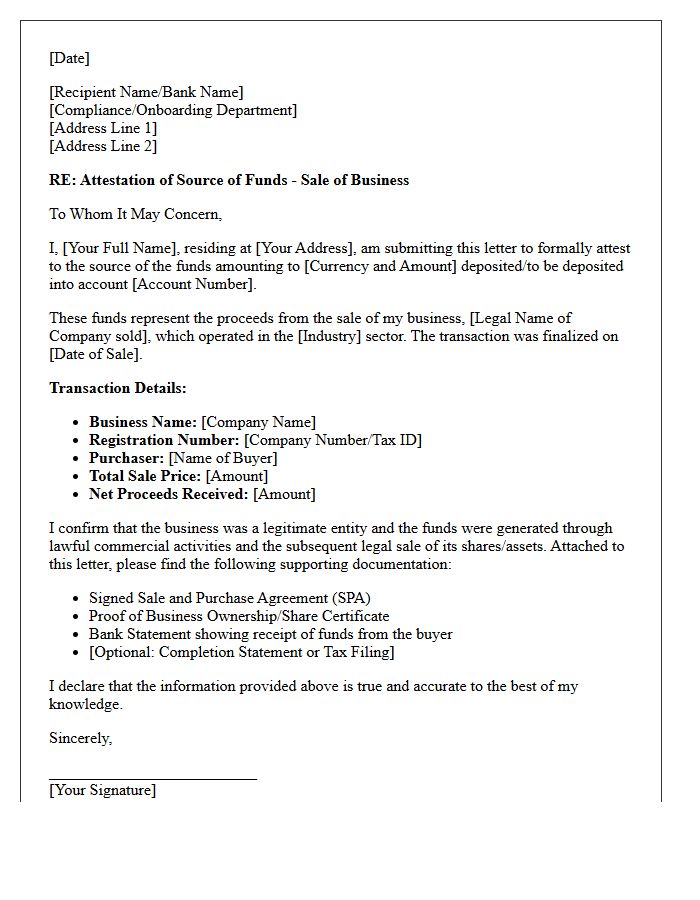 Business Sale Proceeds Source of Funds Attestation Letter