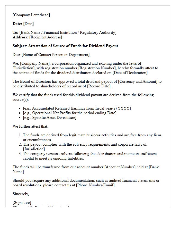 Corporate Dividend Payout Source of Funds Attestation Letter