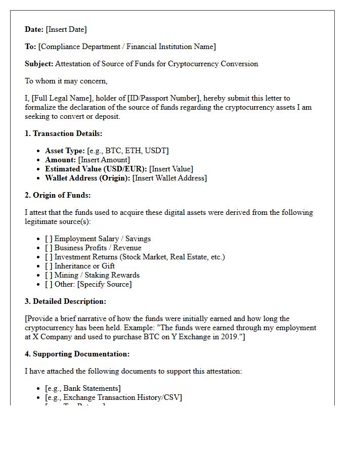 Cryptocurrency Conversion Source of Funds Attestation Letter