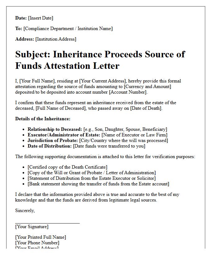 Inheritance Proceeds Source of Funds Attestation Letter