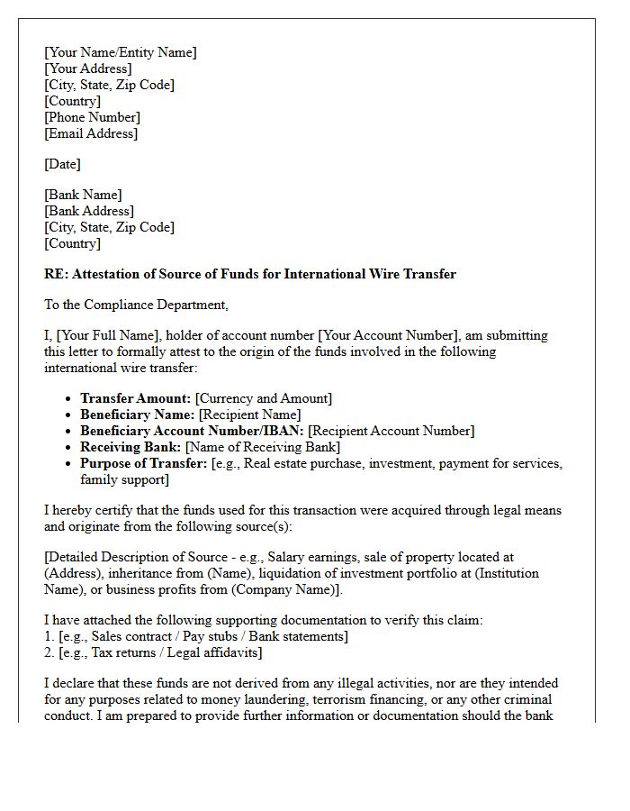 International Wire Transfer Source of Funds Attestation Letter