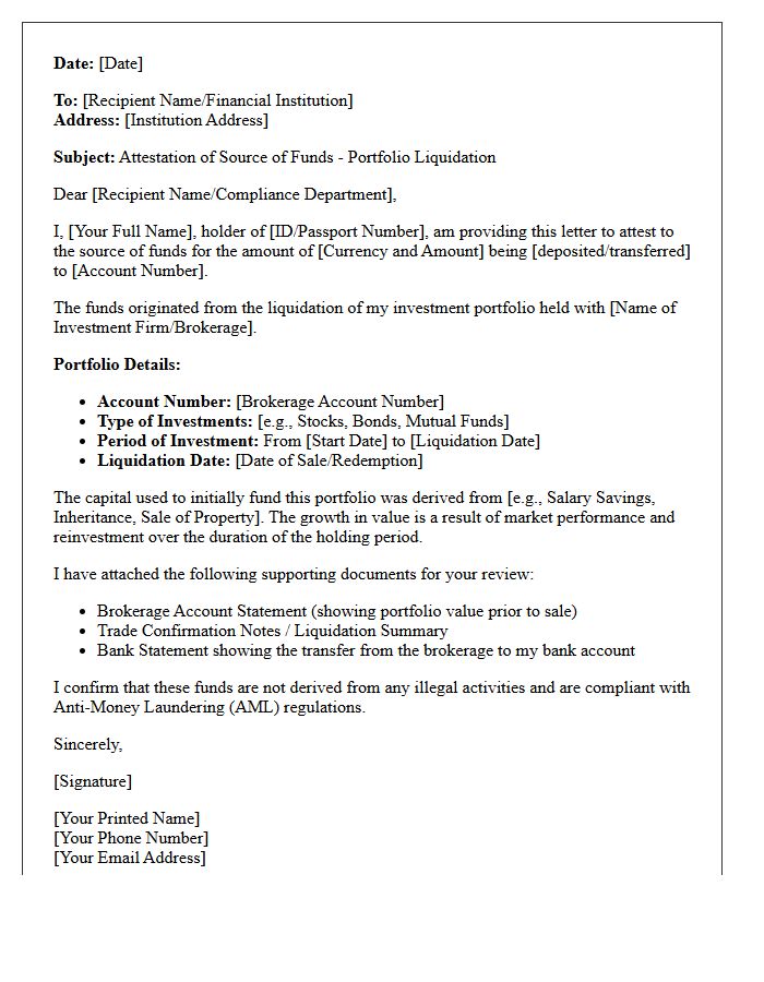 Investment Portfolio Liquidation Source of Funds Attestation Letter