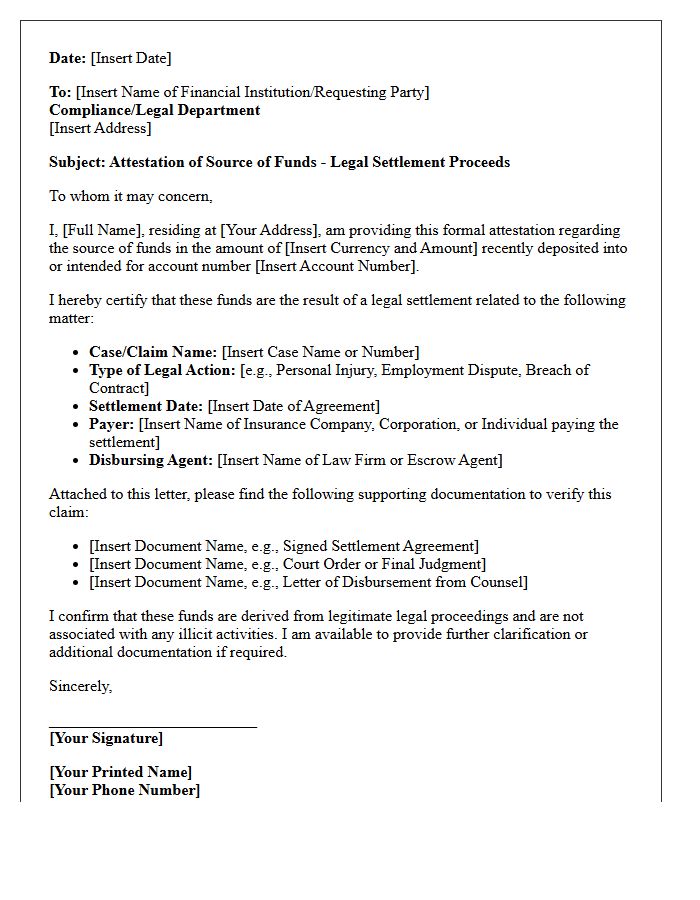 Legal Settlement Proceeds Source of Funds Attestation Letter