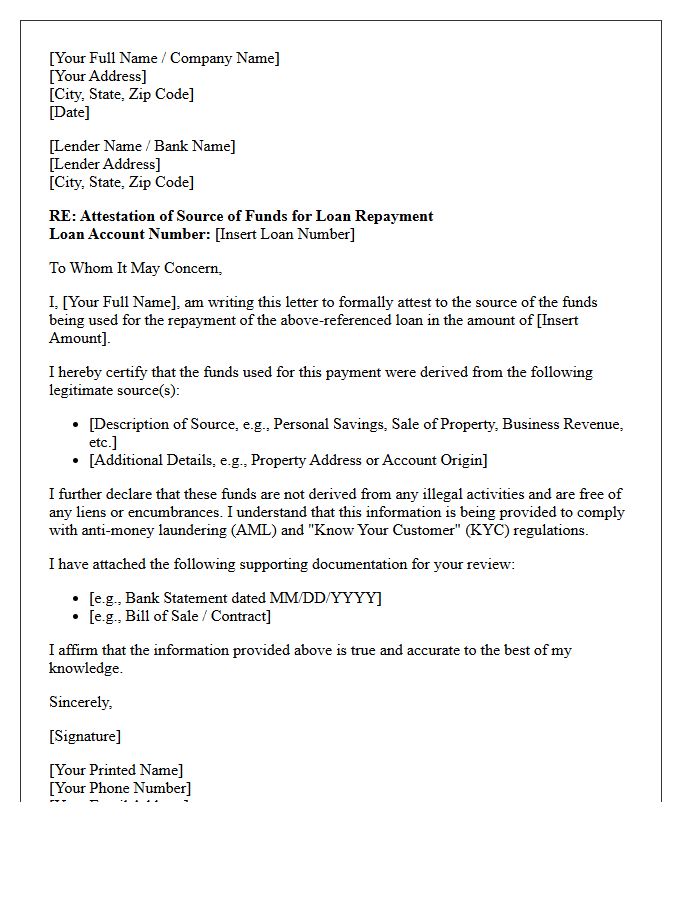 Loan Repayment Source of Funds Attestation Letter