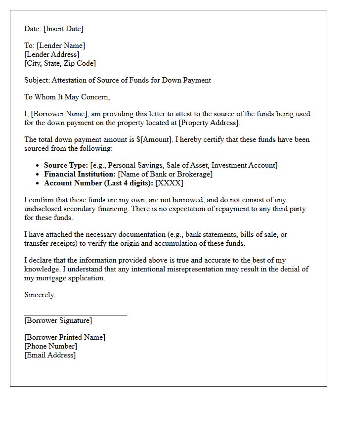 Mortgage Down Payment Source of Funds Attestation Letter