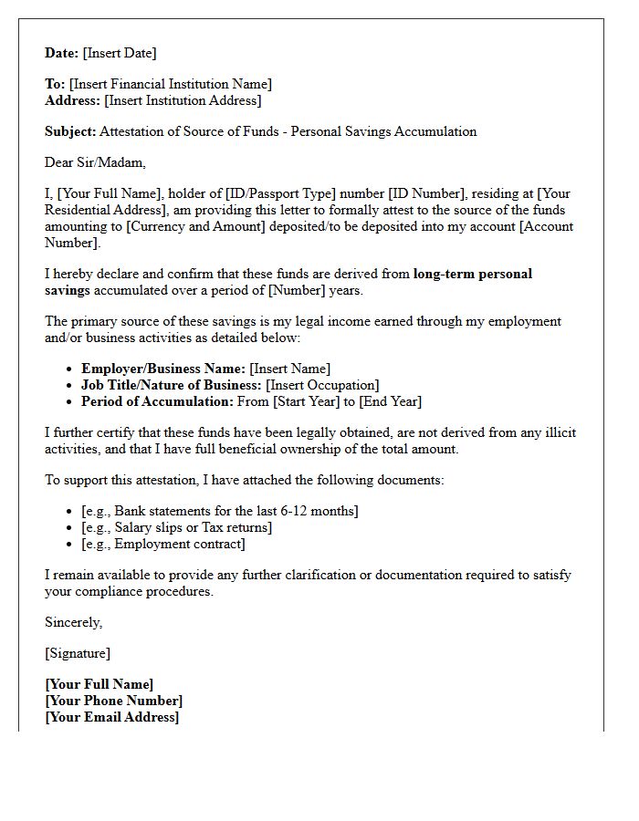 Personal Savings Accumulation Source of Funds Attestation Letter