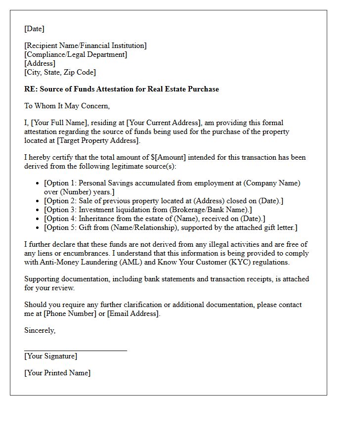 Real Estate Purchase Source of Funds Attestation Letter