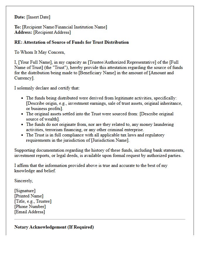 Trust Fund Distribution Source of Funds Attestation Letter