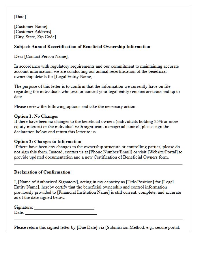Annual Recertification Beneficial Ownership Confirmation Letter