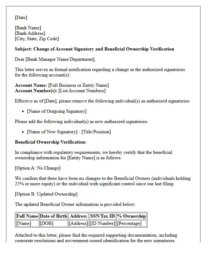 Change Of Account Signatory Beneficial Ownership Verification Letter