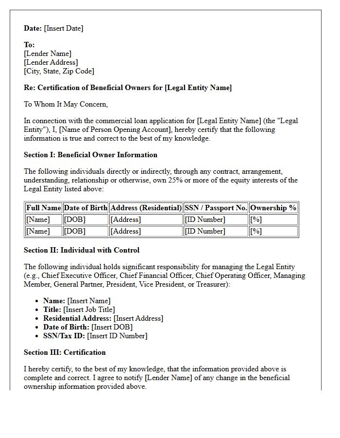 Commercial Loan Application Beneficial Ownership Disclosure Letter