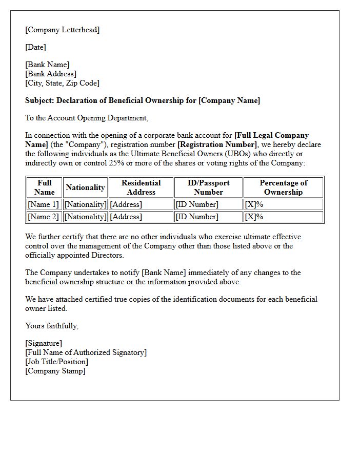 Corporate Account Opening Beneficial Ownership Declaration Letter