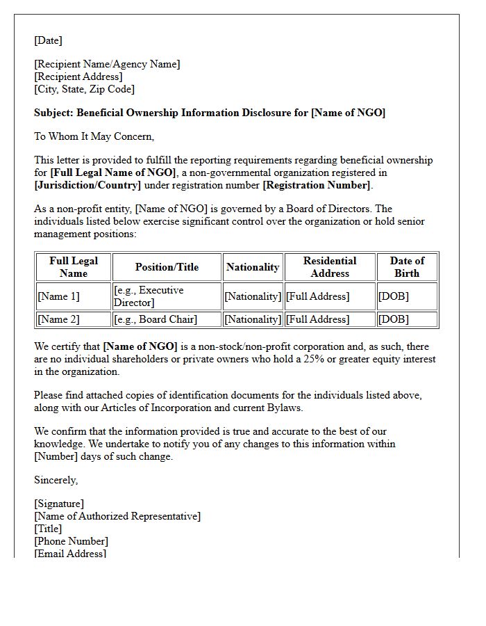Non-Governmental Organization Beneficial Ownership Information Letter