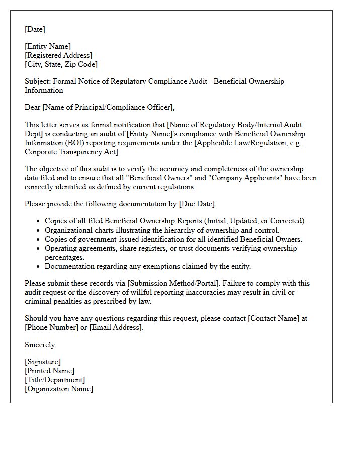 Regulatory Compliance Beneficial Ownership Audit Letter
