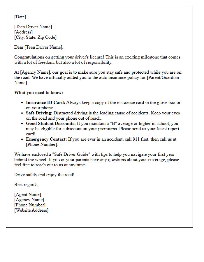 Insurance Agency Welcome Letter for Teen Drivers