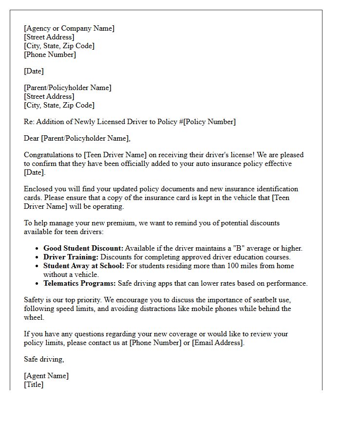Newly Licensed Teen Driver Coverage Welcome Letter
