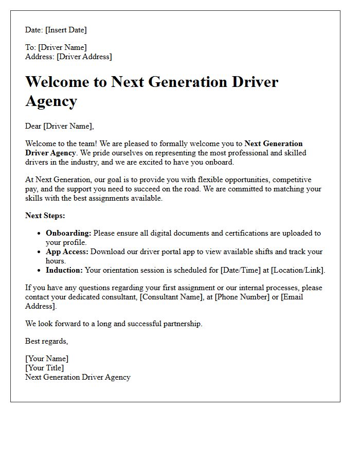Next Generation Driver Agency Welcome Letter