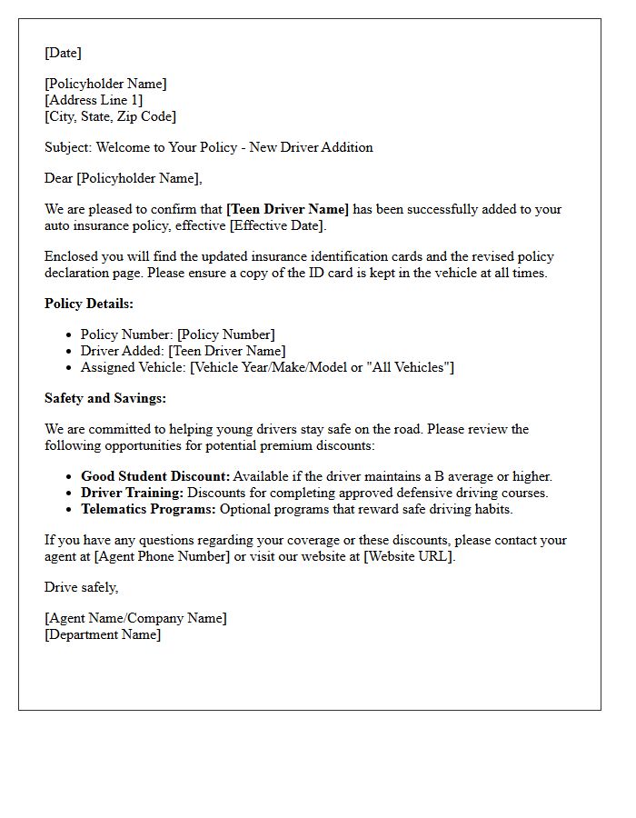 Teen Auto Insurance Policy Addition Welcome Letter