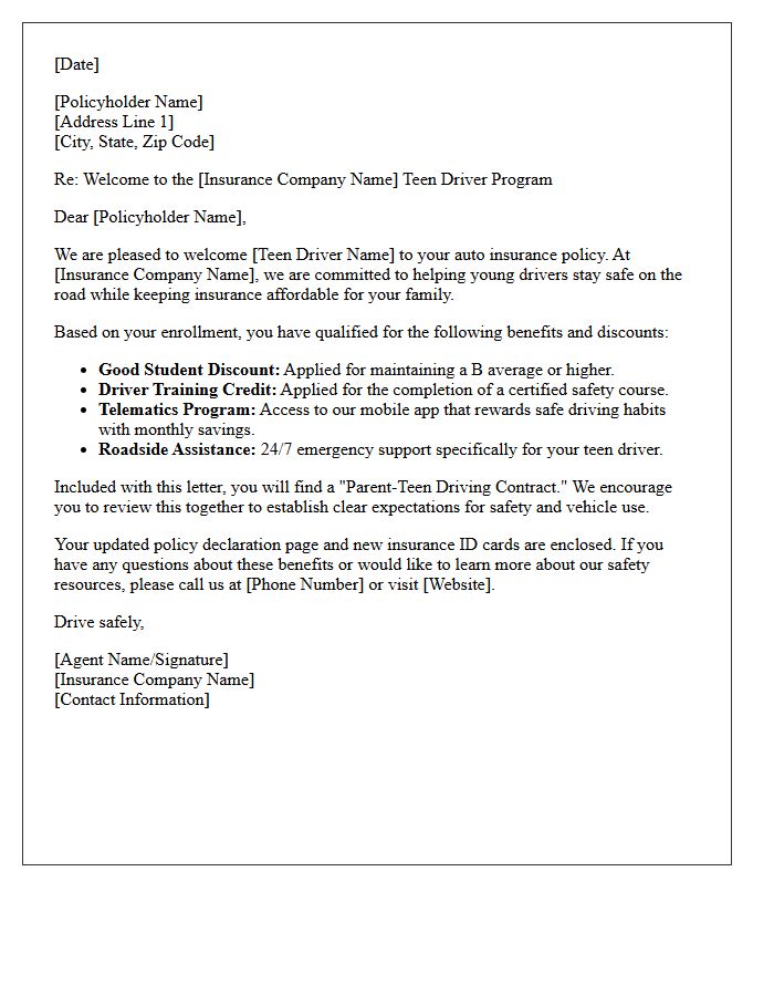 Teen Driver Discount and Benefit Welcome Letter