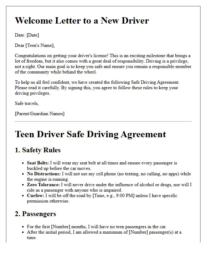 Teen Driver Safe Driving Agreement and Welcome Letter