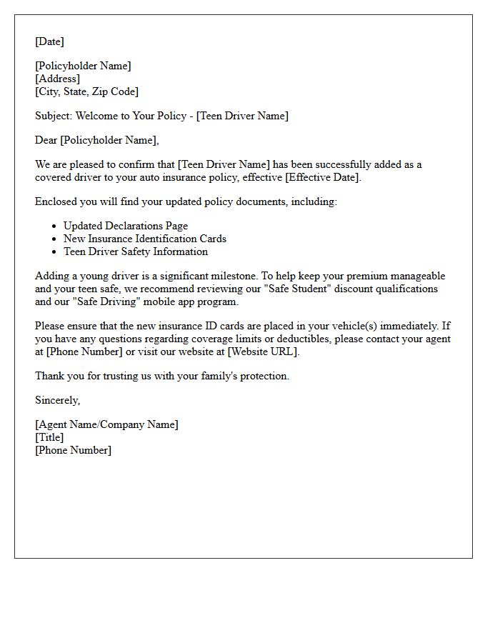 Welcome Letter for Added Teen Driver Insurance Coverage