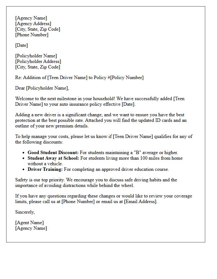 Welcome to the Agency Teen Driver Addition Letter