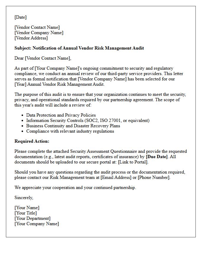 Annual Vendor Risk Management Audit Notification Letter