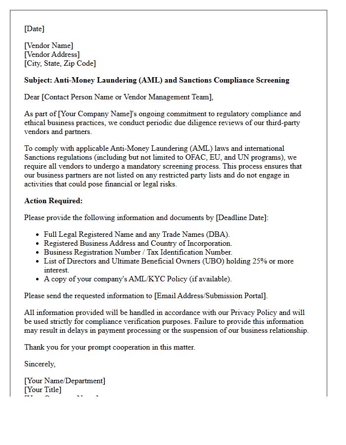 Anti-Money Laundering And Sanctions Vendor Screening Letter