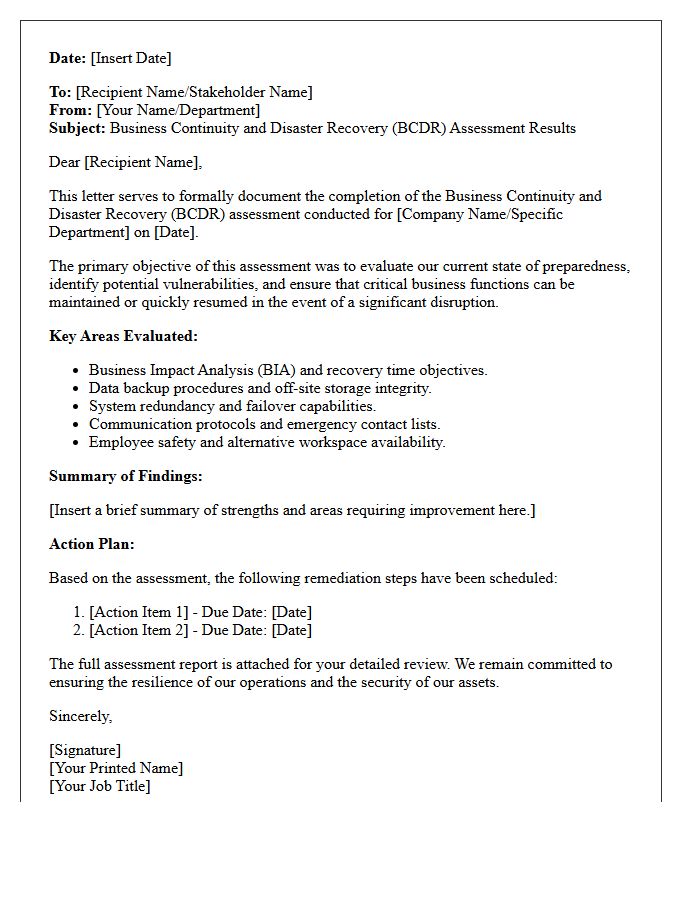 Business Continuity And Disaster Recovery Assessment Letter
