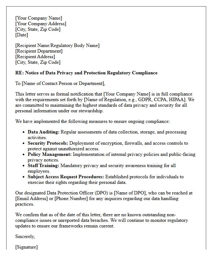 Data Privacy And Protection Regulatory Compliance Letter