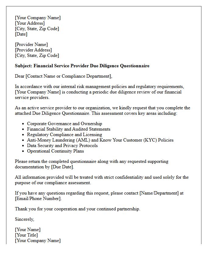 Financial Service Provider Due Diligence Questionnaire Letter