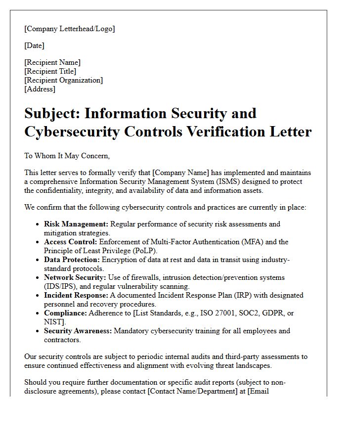 Information Security And Cybersecurity Controls Verification Letter