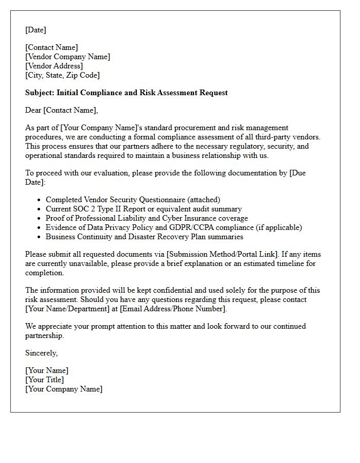Initial Third-Party Vendor Compliance Assessment Request Letter