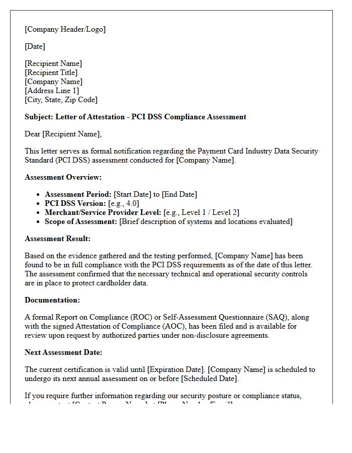Payment Card Industry Data Security Standard Assessment Letter