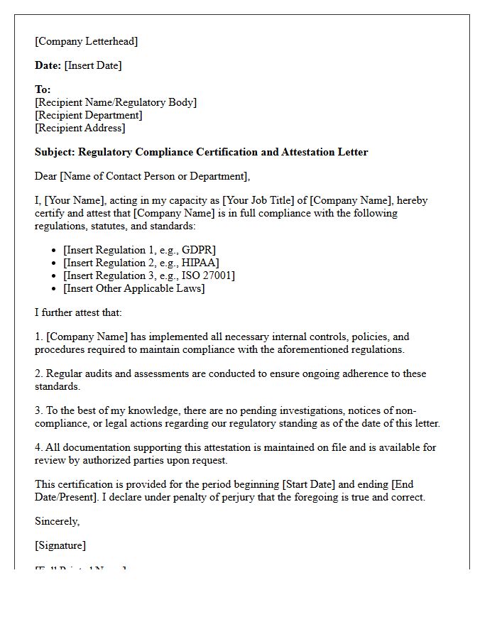 Regulatory Compliance Certification And Attestation Letter