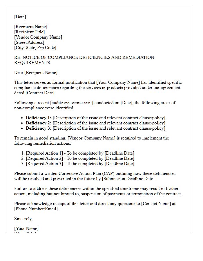 Vendor Compliance Deficiencies And Remediation Action Letter